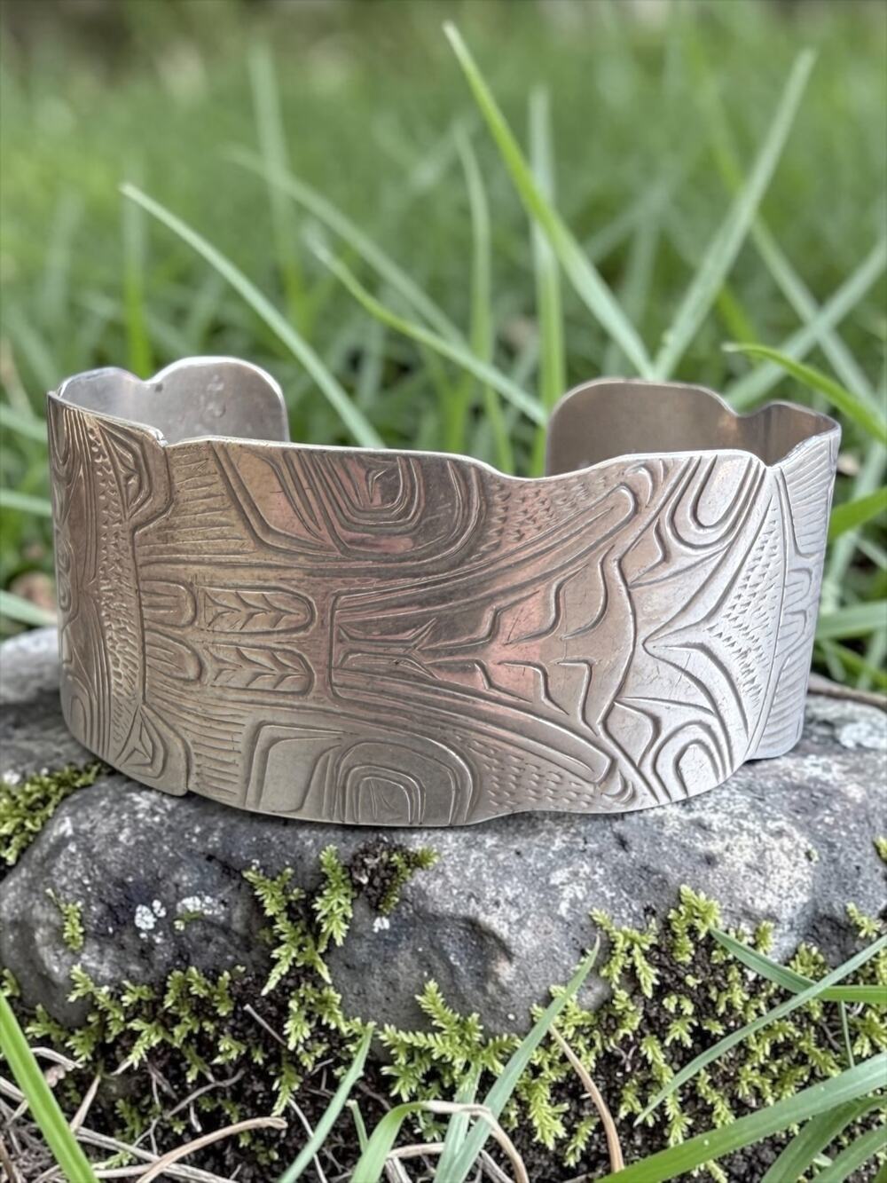 Vintage Sterling Silver Wide Cuff Bracelet Engraved Northwest Coast Style Animal